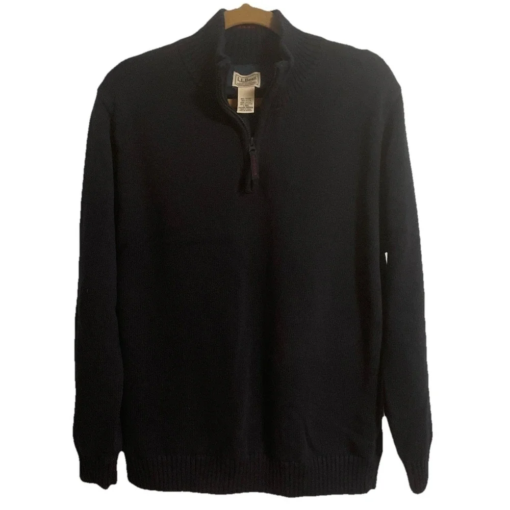 Mens Large LL Bean Cotton Knit 1/4 Zip Navy Sweater Heavy Weight Fully Lined